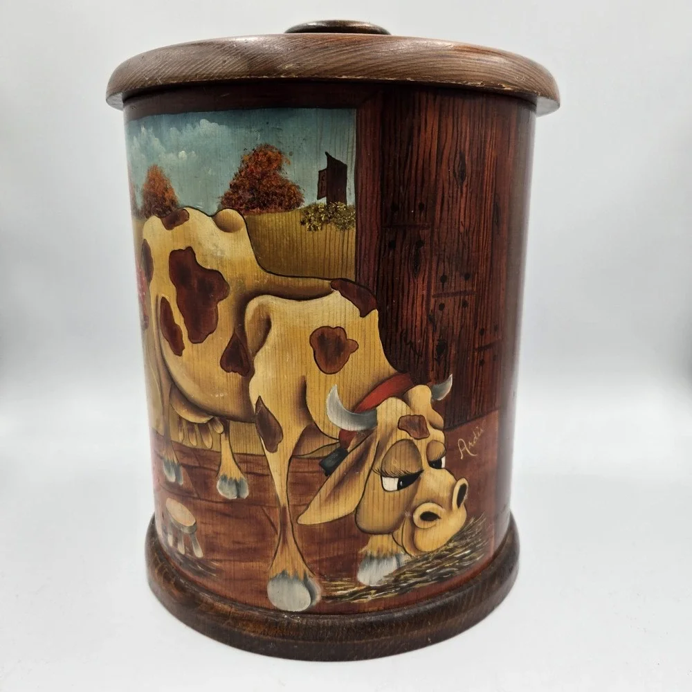 Vintage Mel's Wood Specialties Bucket Hand Painted Milk Cow Cottagecore Country‎